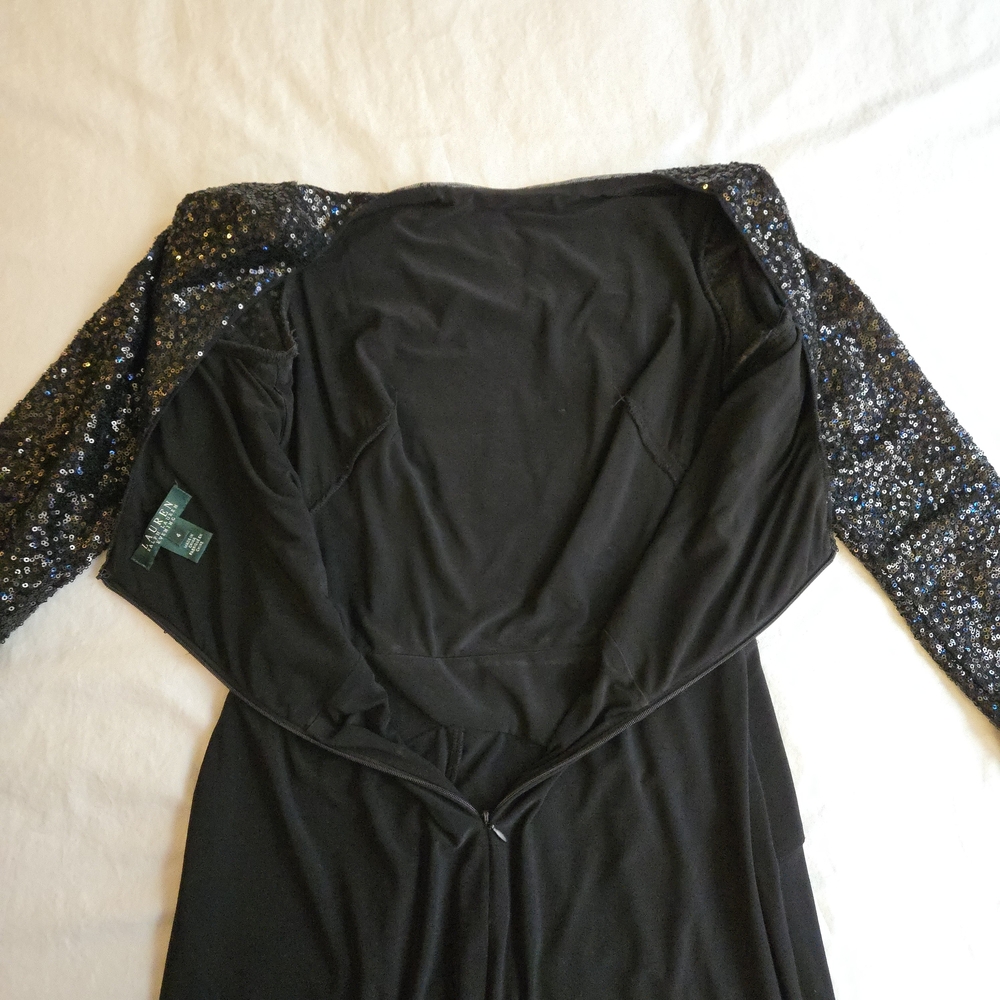 Lauren Ralph Lauren Black Sequin Cocktail Dress Long Sleeve Evening MI3 - Picture 12 of 13